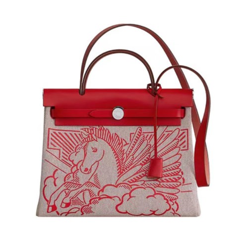 【新品包包】HERMES/爱马仕 Herbag 31 飞马 红色牛皮拼帆布 手提包斜挎包（配HERMES礼品盒）