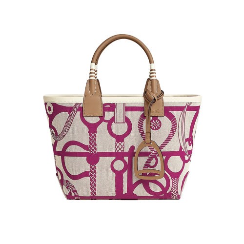 【新品包包】HERMES/爱马仕24新款 女士米白色帆布粉紫色图案手提包H083621CKAC