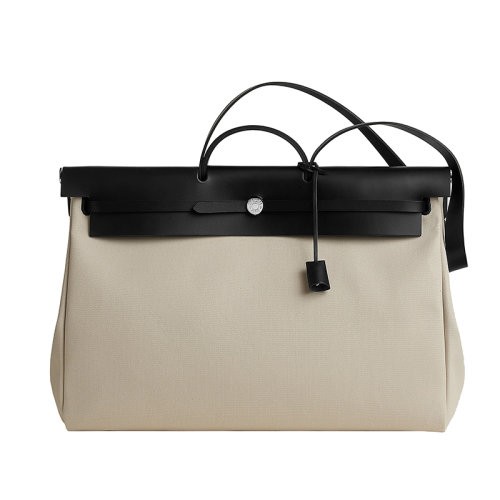 【新品包包】HERMES/爱马仕24新款 男士米黑混色帆布配牛皮旅行手提包H077787CKAU